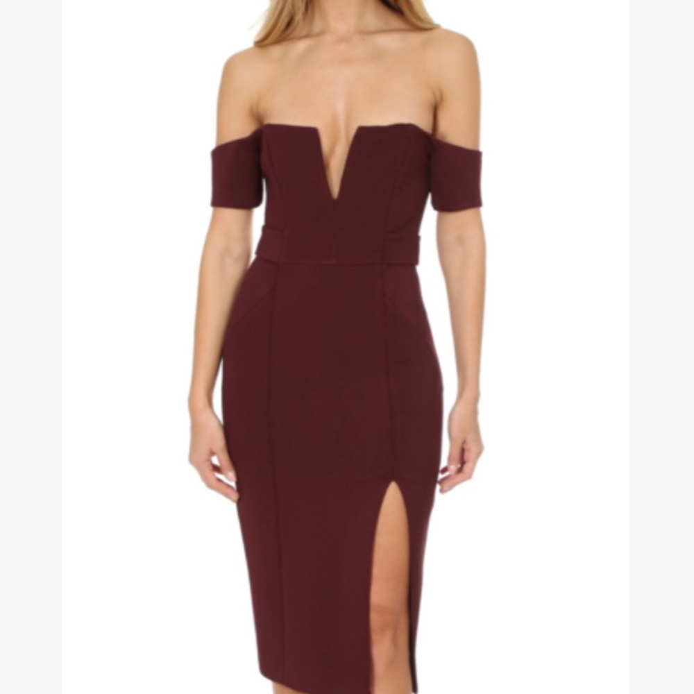 NICHOLAS Deep V Midi Dress Off-the-shoulder Gorgeous Cocktail Maroon/Burgundy